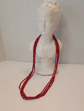 Vintage Red Multi-Strand Beaded Necklace for Women Silver Screw Clasp Gray Beads